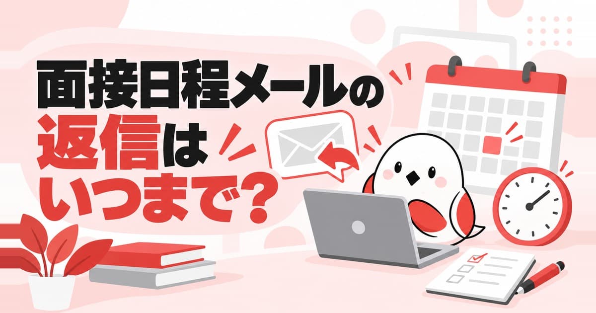 面接日程メールの返信はいつまで?と書かれた記事のサムネイル。カレンダーと時計、メールのイラスト。