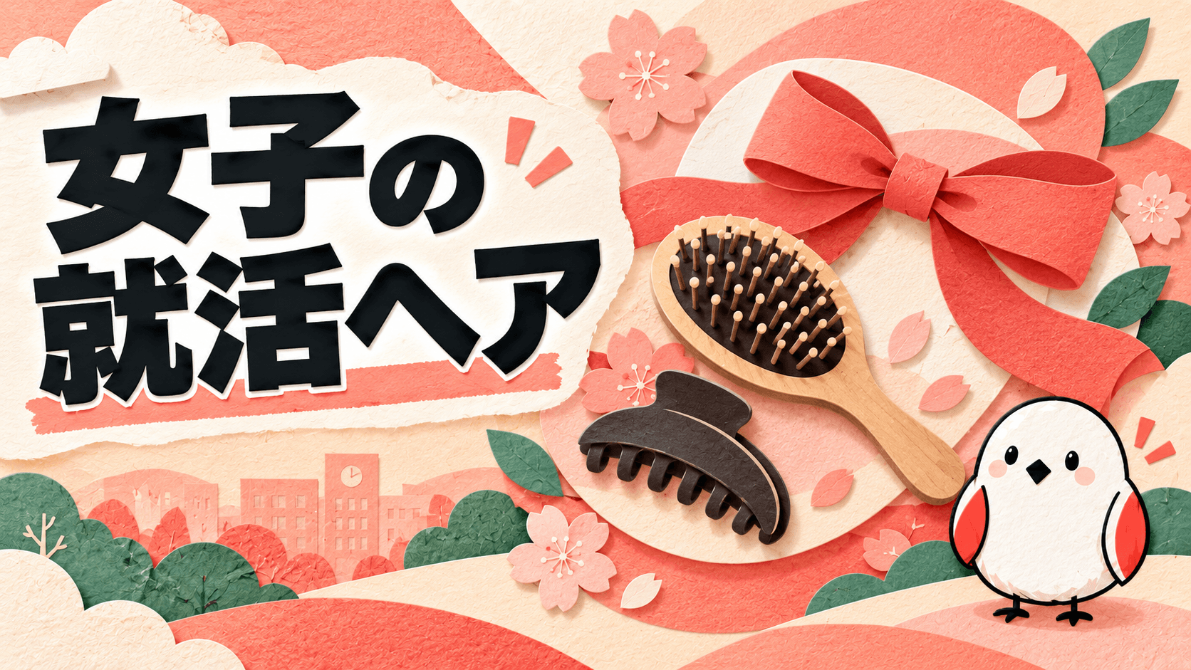 リクルートスーツ姿の女子大学生が就活向けの髪型を整える、水彩タッチイラスト