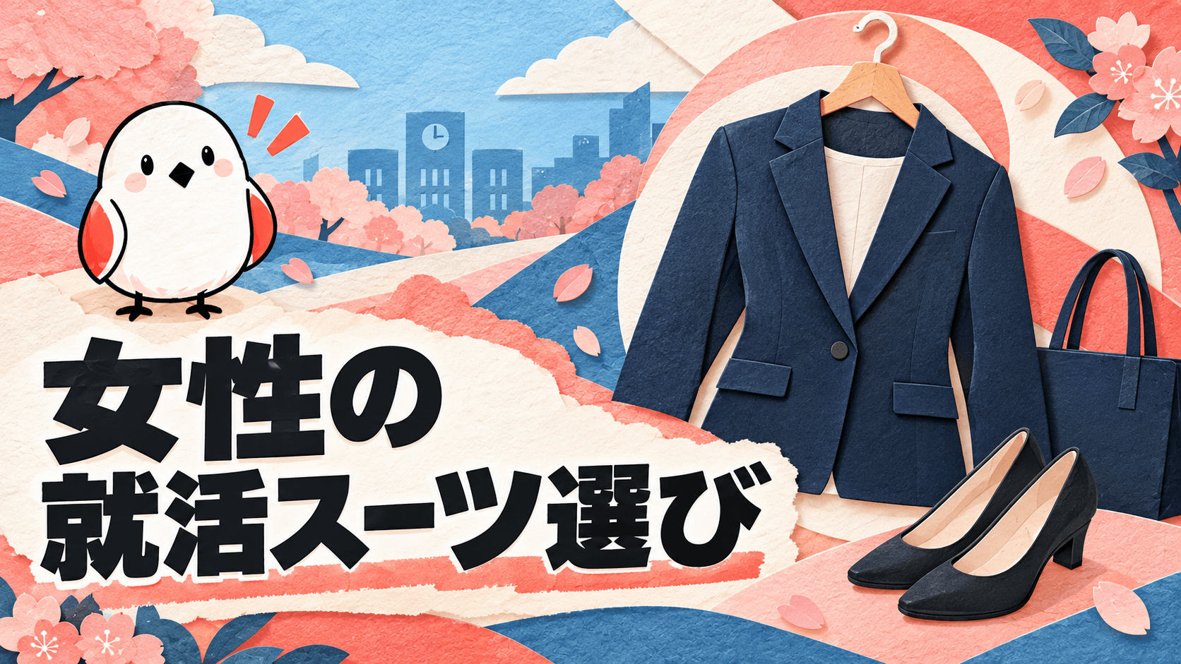 リクルートスーツの女子大学生がデパートでスーツを選んでいる、水彩タッチのイラスト